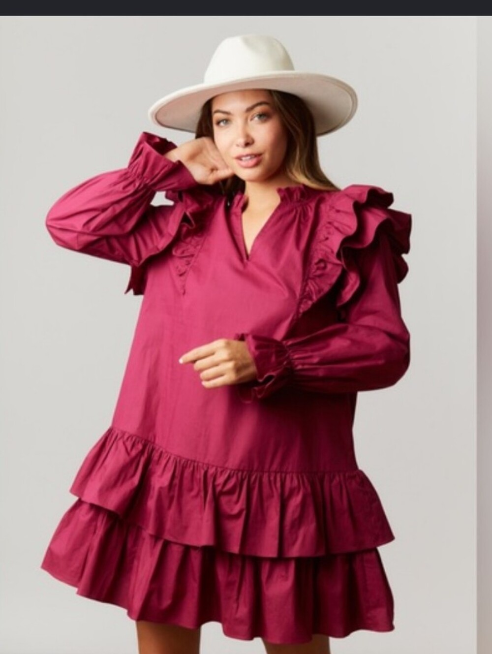 Ruffled V-Neck A-Line Dress - Magenta